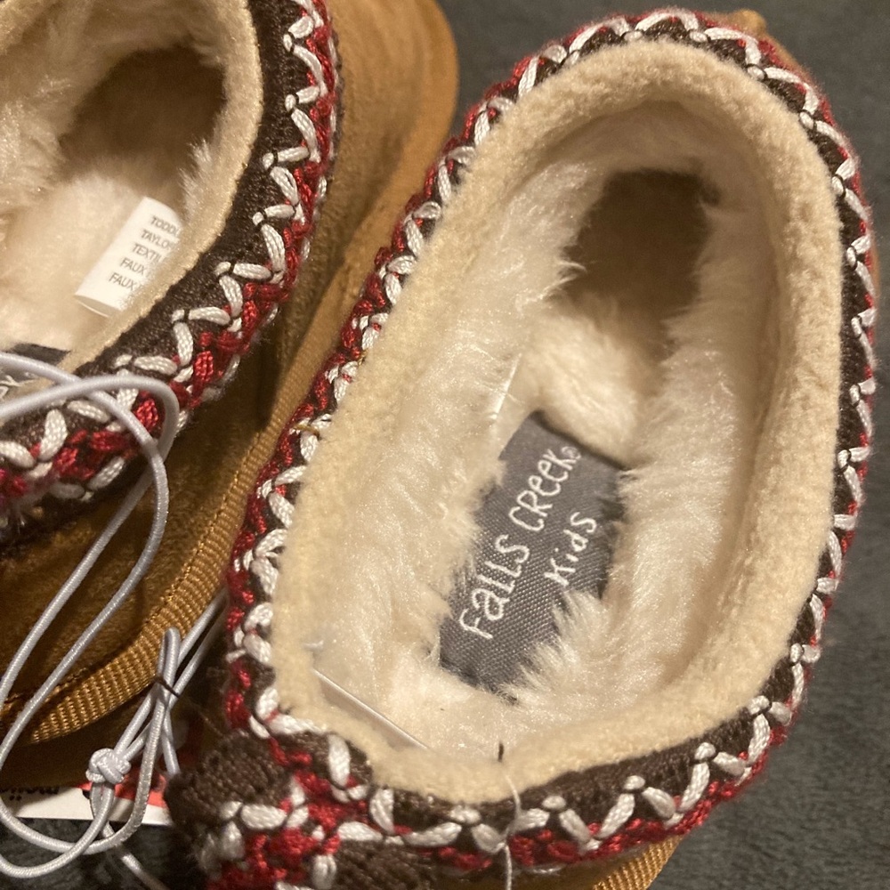 Tan Suede Slip-On Moccasin Slippers with Red & White Trim - Picture 3 of 5